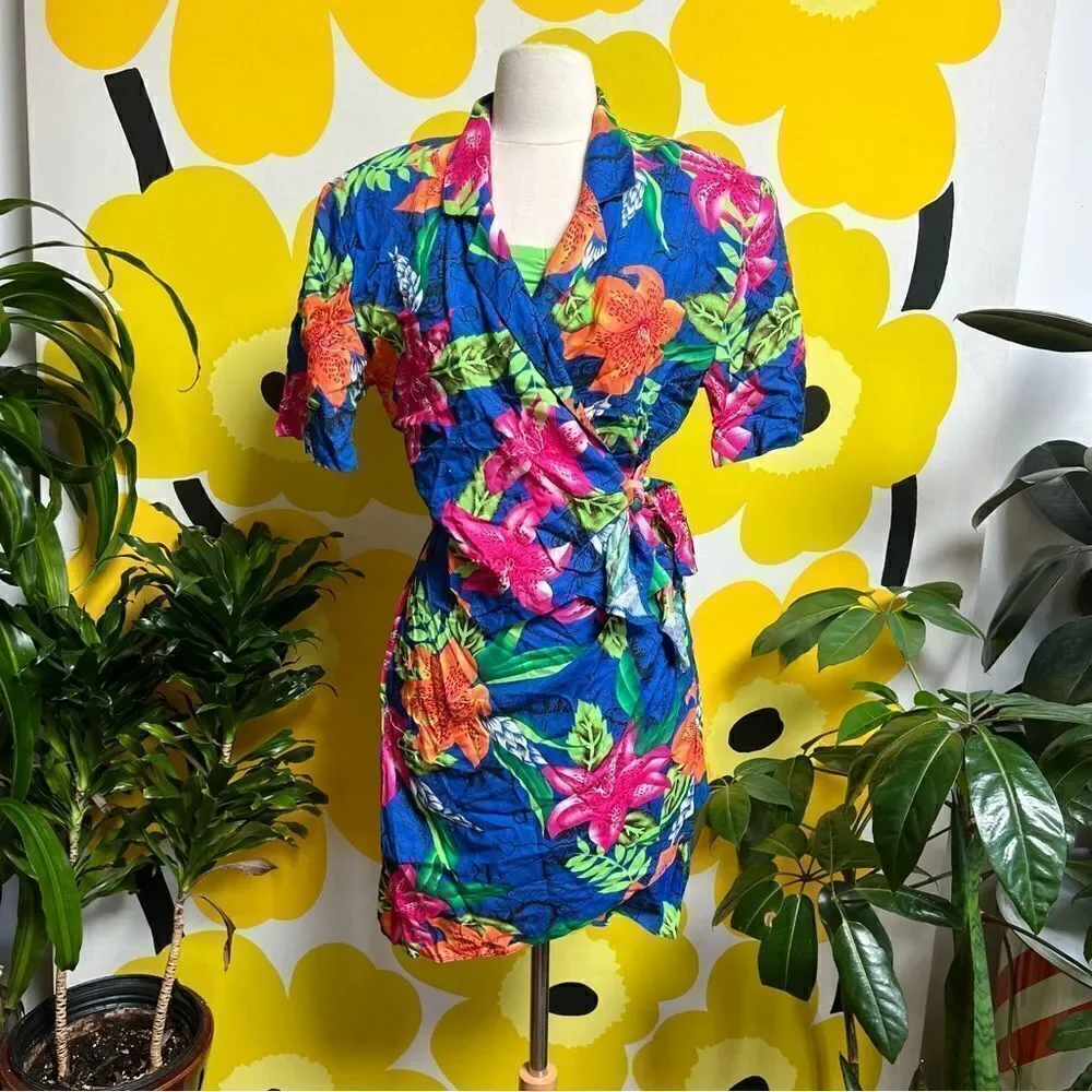 Vintage 80s / 90s Neon Tropical Hawaiian Tiki 3 piece Beach Vacation Skirt Set